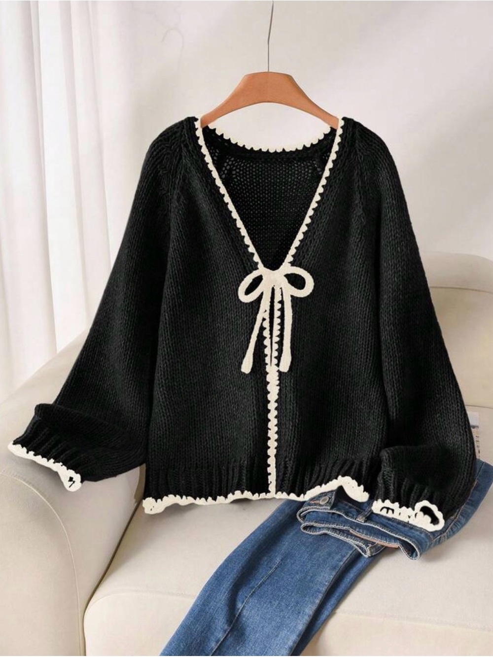 Black V-Neck Knit Sweater with Contrast Trim